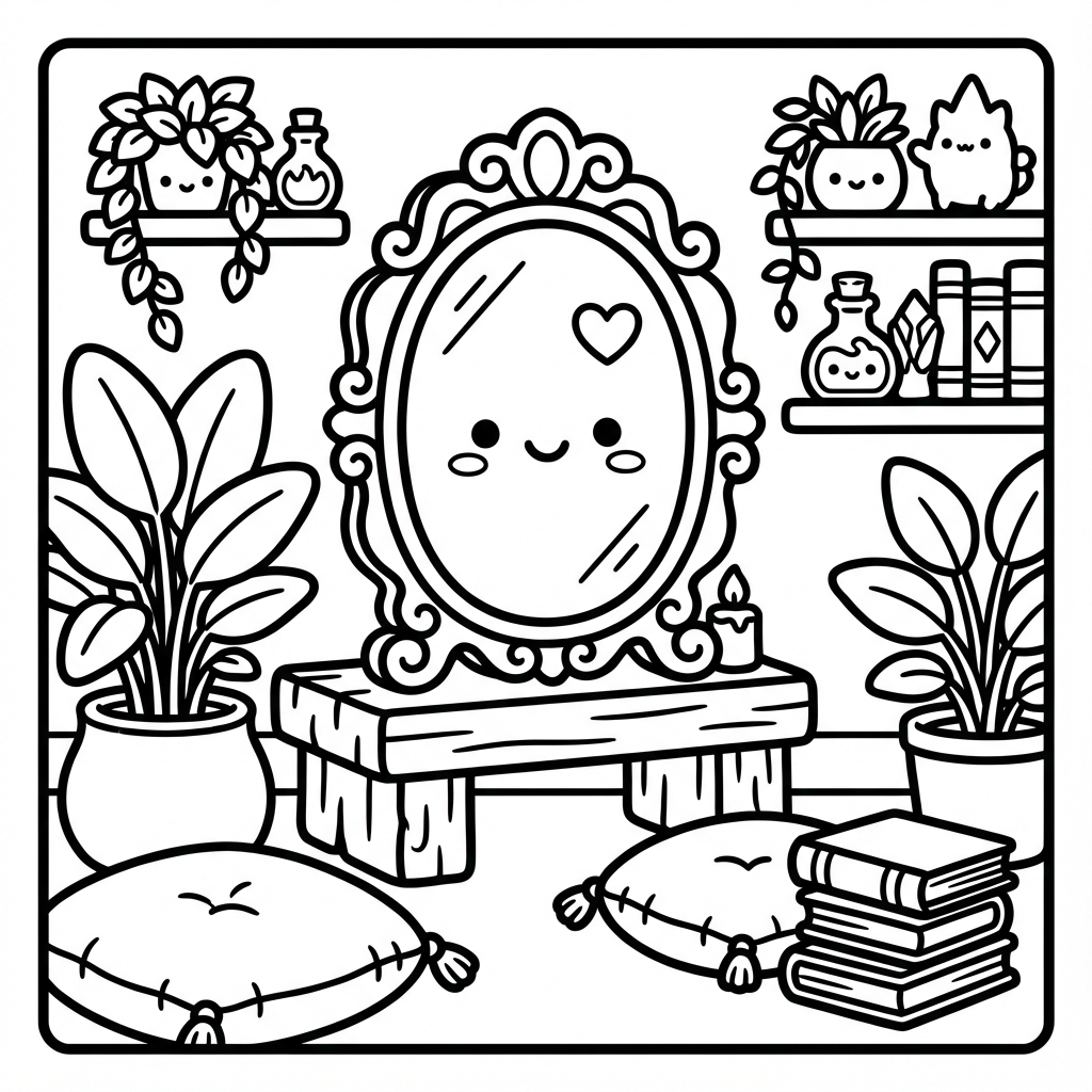 Cute oval mirror on a wooden bench with potions, a thick line coloring pages printable.